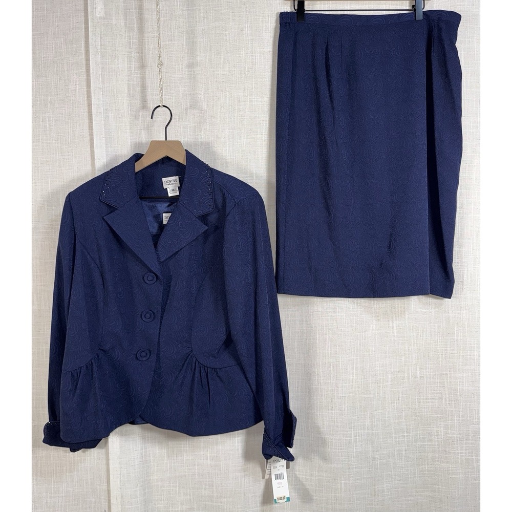 Vtg NWT Dorby Skirt 3 pc Suit Set Navy Blazer Size 16 Women's Embellished Church